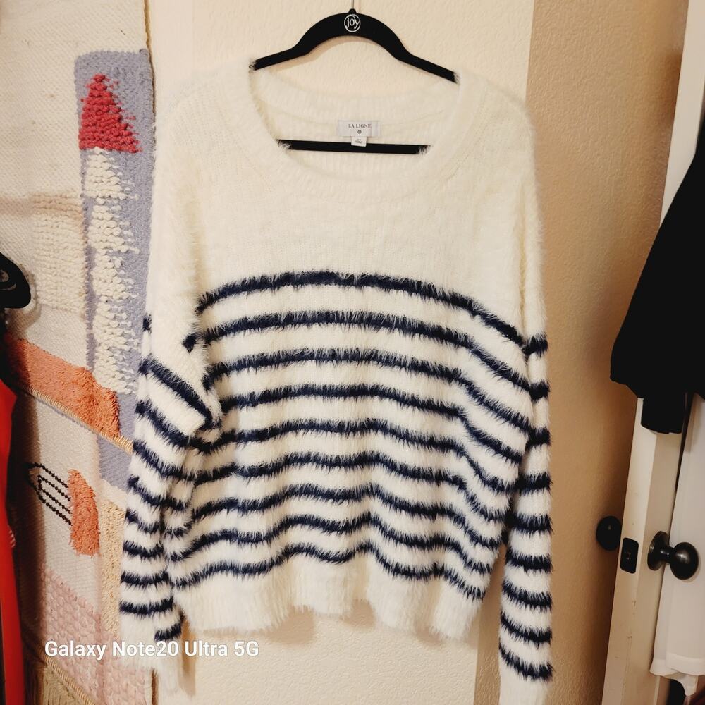 La Ligne Scope Neck Stripe Pullover Sweater in Cream/Navy, sz XXL